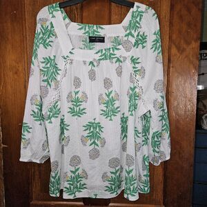 LANE BRYANT Sz18/20 White Green Boho Peasant Blouse Square Neck Tropical Floral